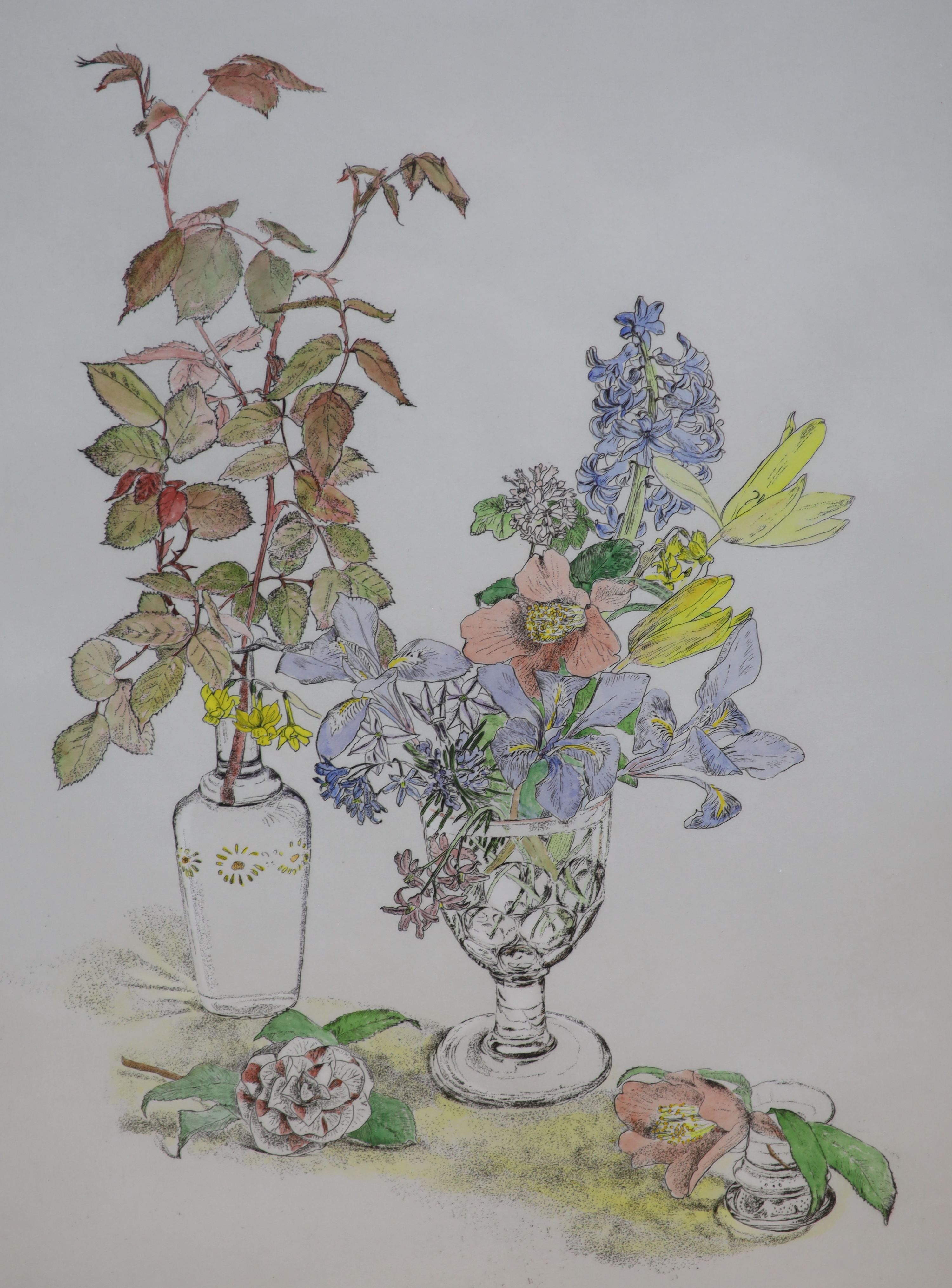 Gillian Whaite (1934-2012), etching and watercolour, 'Flowers', signed, 30/60, 59 x 44cm and R. A.Elliott, watercolour, Untitled, signed in pencil, 69 x 48cm